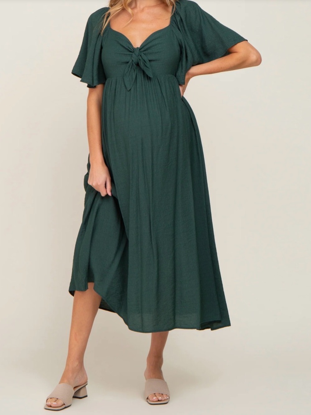 Maternity Tie Front Ruffle Sleeve Midi Dress in Hunter Green